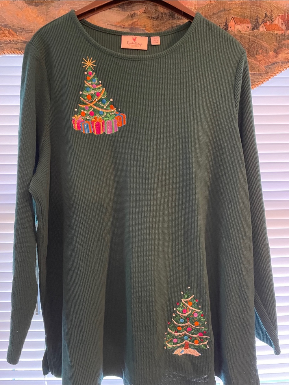 Quacker Factory Green Long Sleeve Women’s Top w/Embroidered ChristmasTrees
